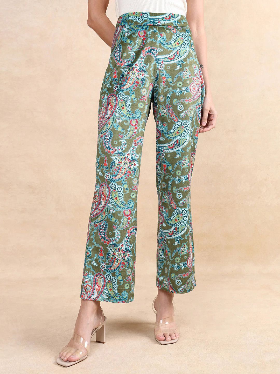 

RAREISM Women Paisley Printed High-Rise Parallel Trousers, Green