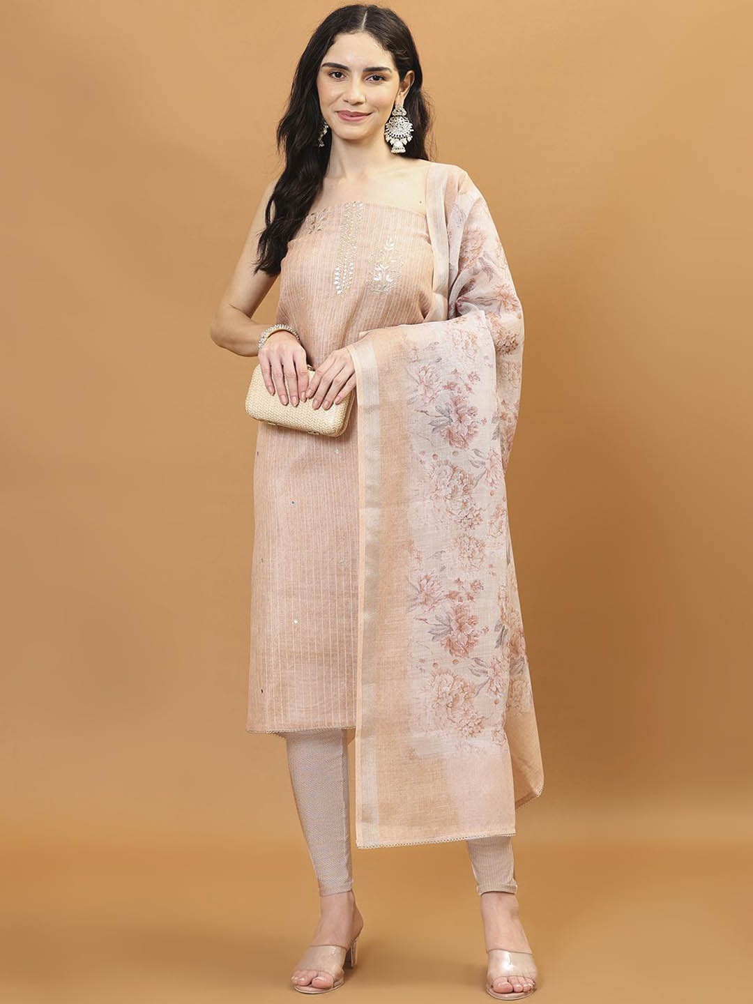 

Meena Bazaar Embroidered Art Silk Unstitched Dress Material, Beige