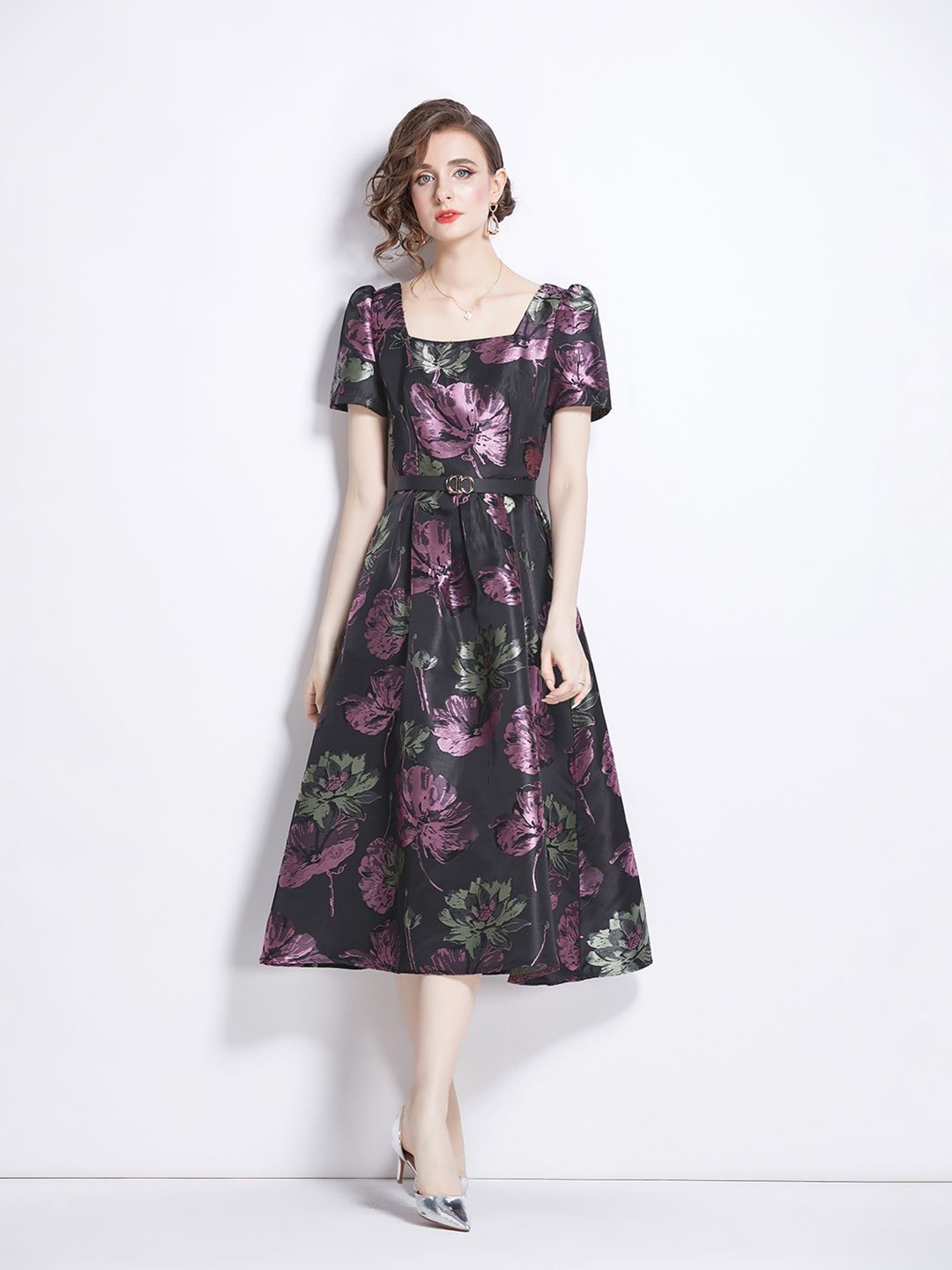 

JC Collection Women Floral Square Neck Puff Sleeve Fit & Flare Midi Dress, Multi