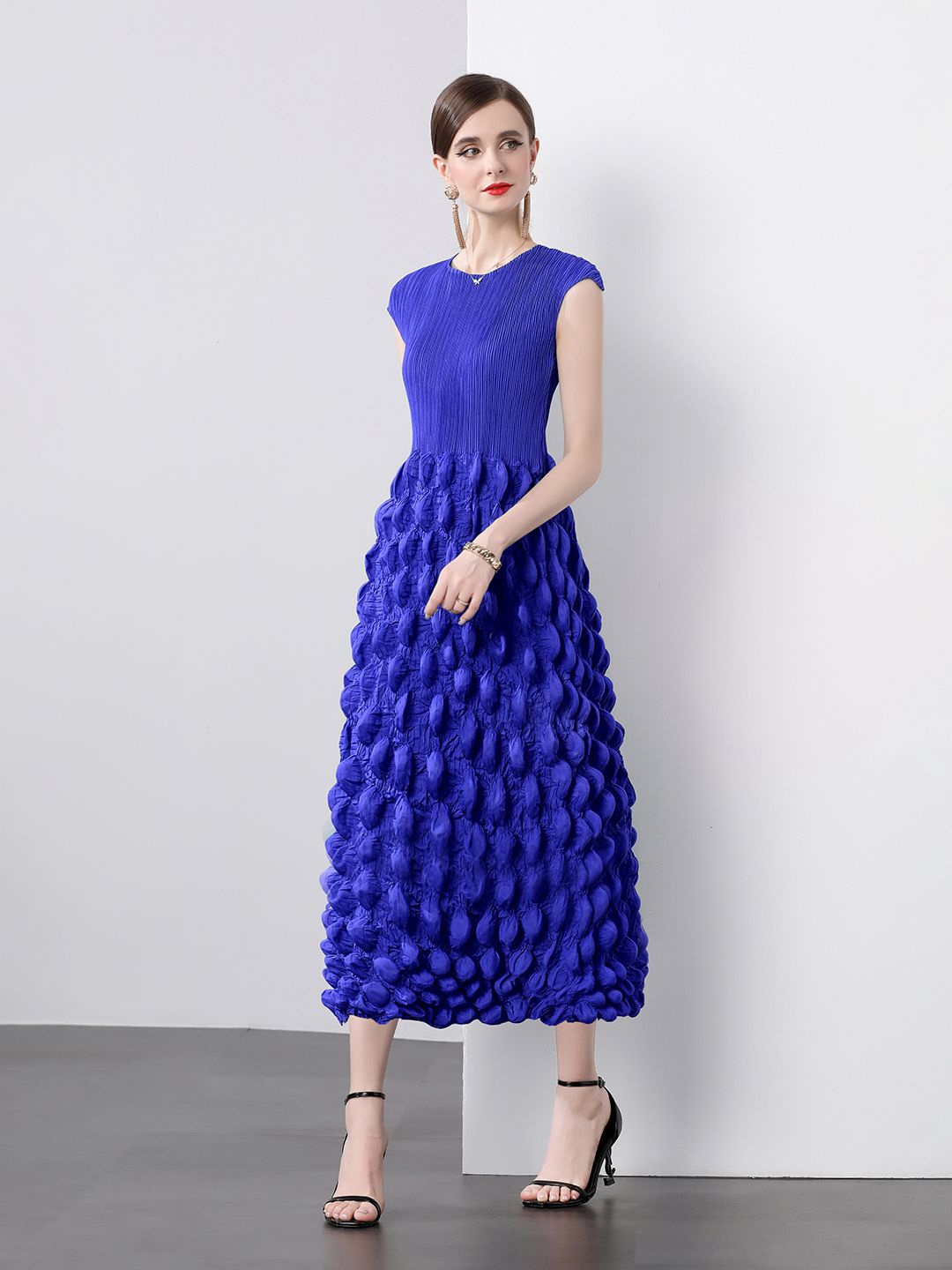 

JC Collection Women Self Design Round Neck Fit & Flare Midi Dress, Blue