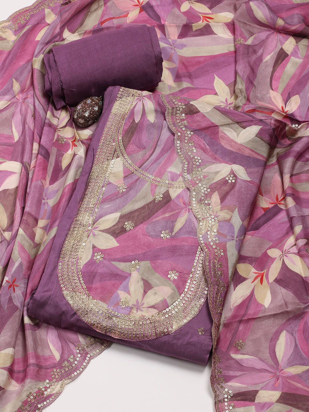 

Meena Bazaar Embroidered Art Silk Unstitched Dress Material, Purple