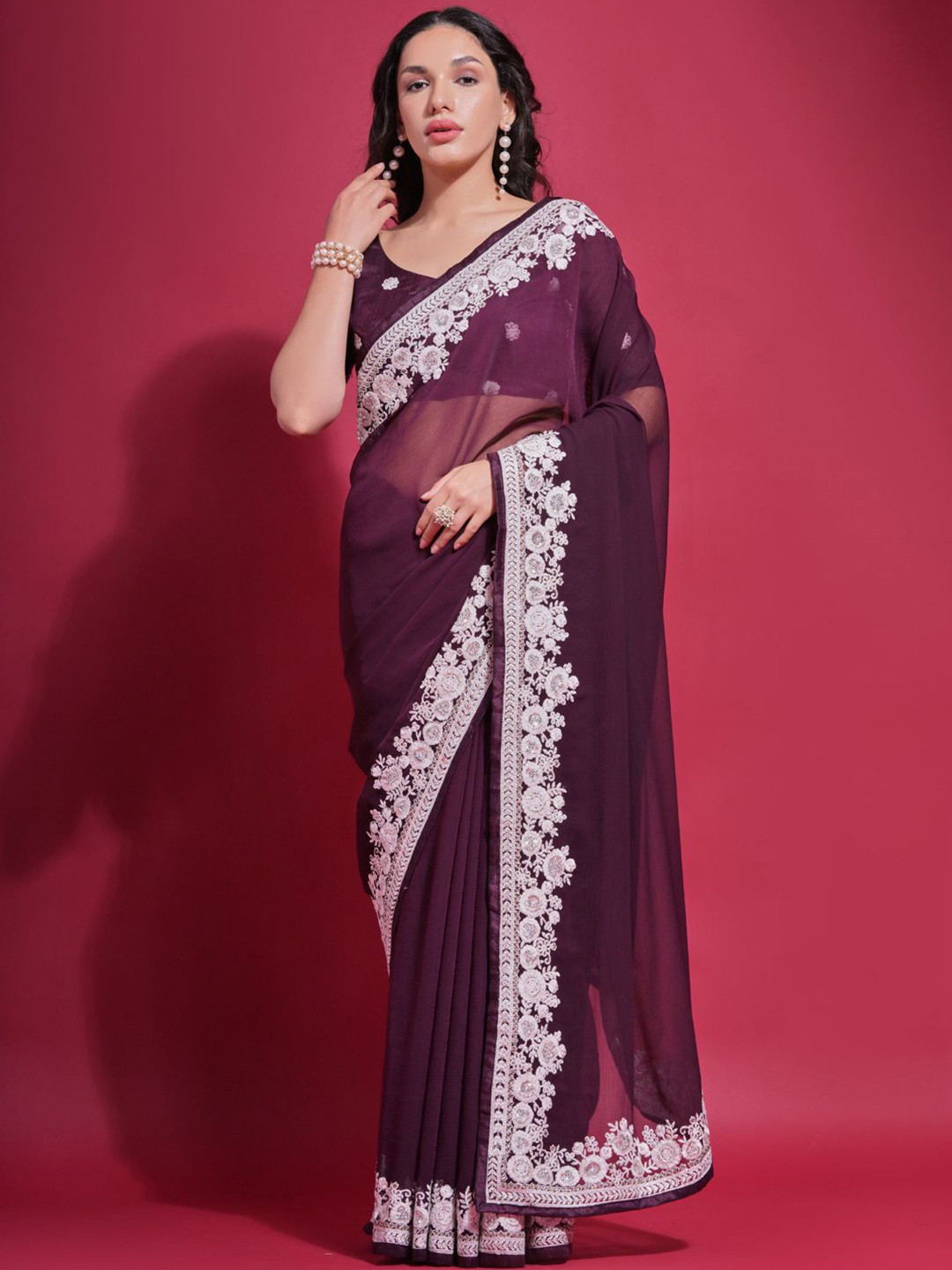 

Mitera Embellished Sequinned Poly Georgette Saree, Purple