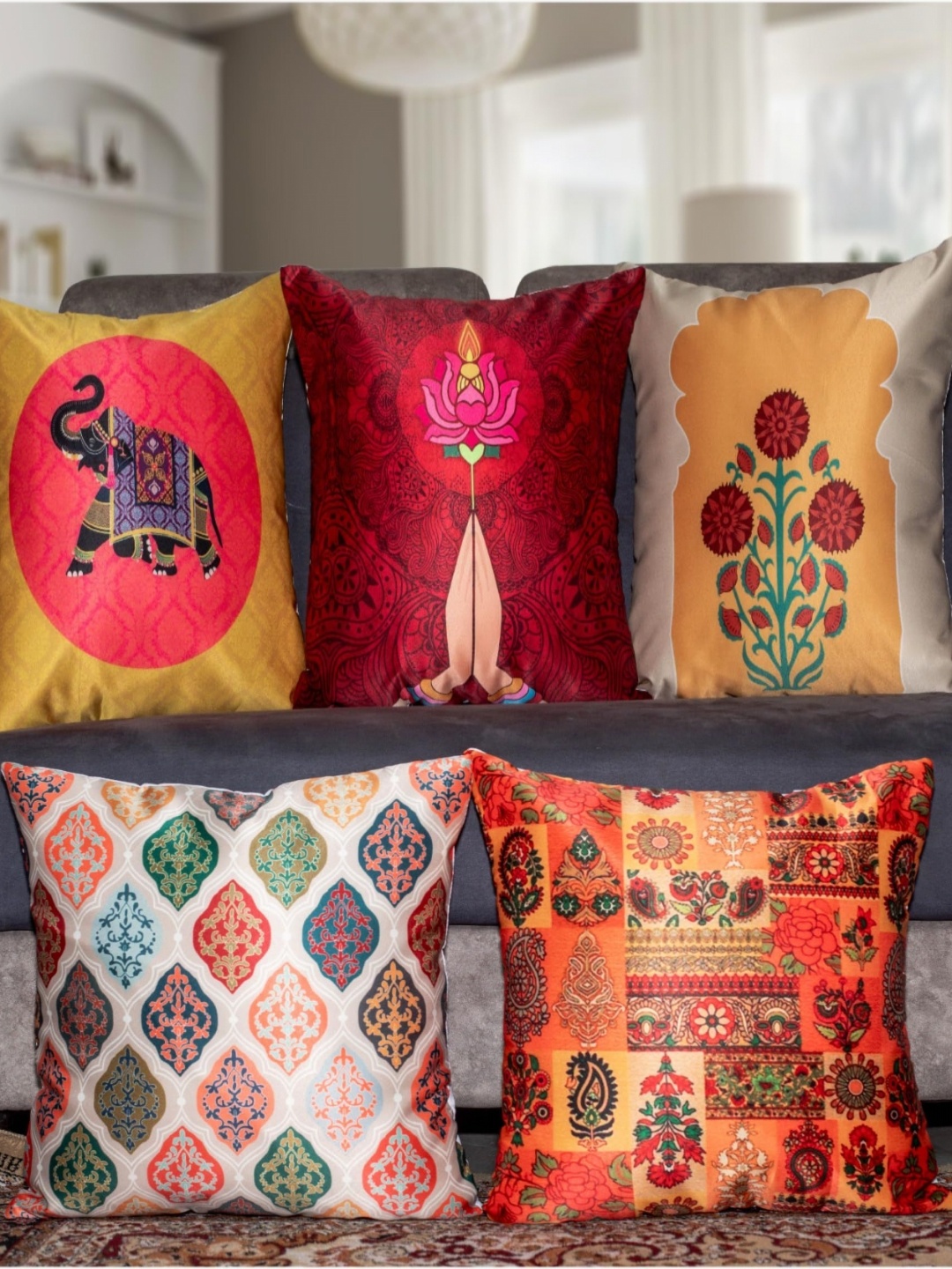 

Vendola Yellow & Pink 5 Pieces Ethnic Motifs Printed Satin Square Cushion Covers