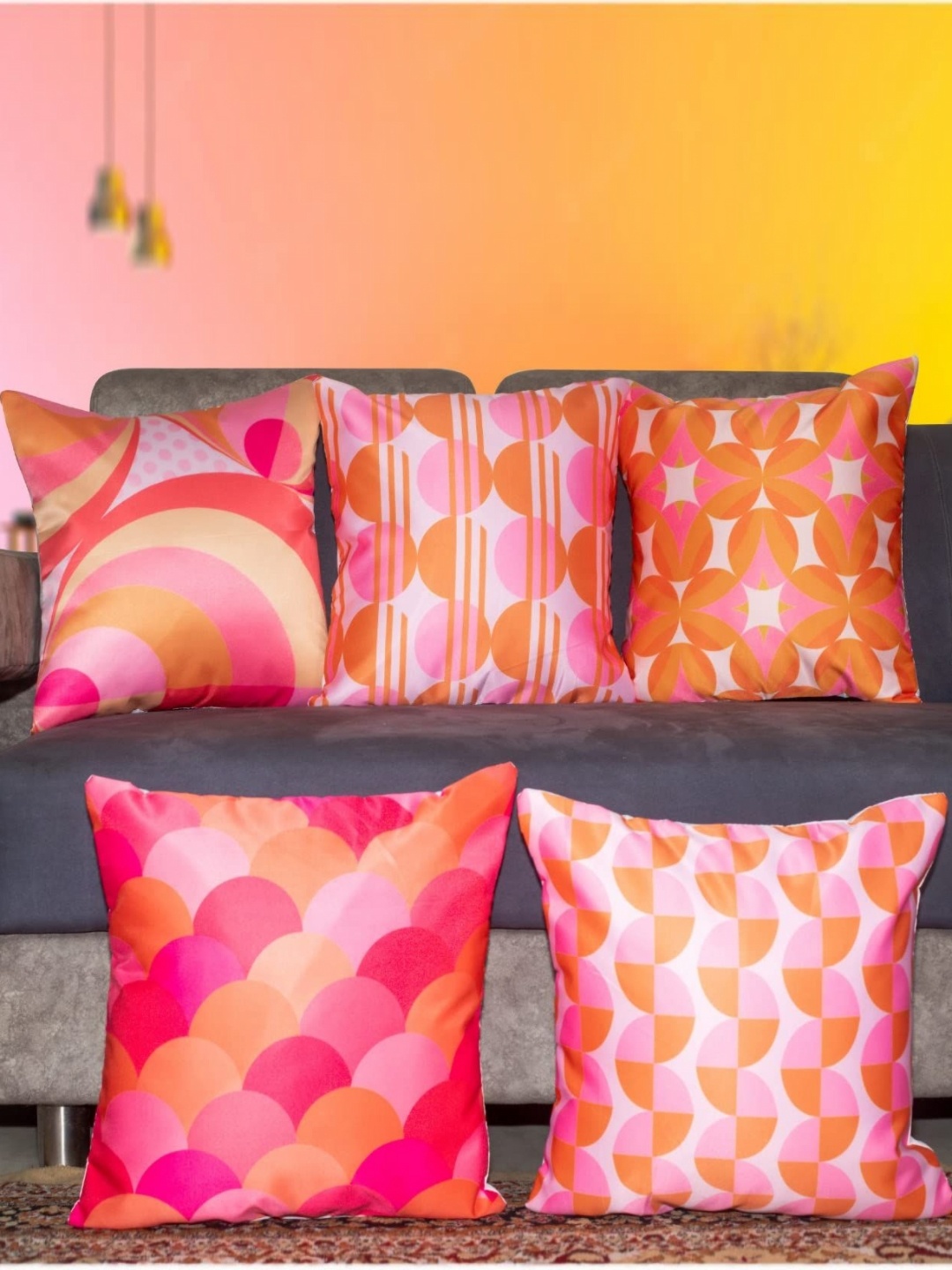 

Vendola Orange & Pink 5 Pieces Geometric Printed Square Cushion Covers