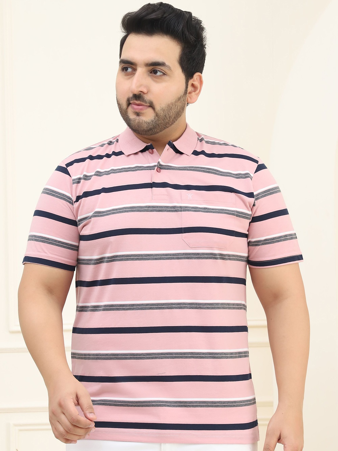 

VENITIAN Men Striped Polo Collar Cotton Plus Size T-shirt, Pink