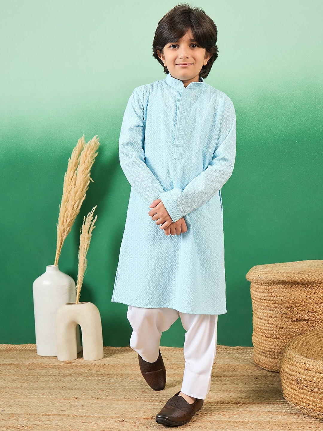 

Sangria Boys Chikankari Embroidered Cotton Kuta With Patiala, Blue