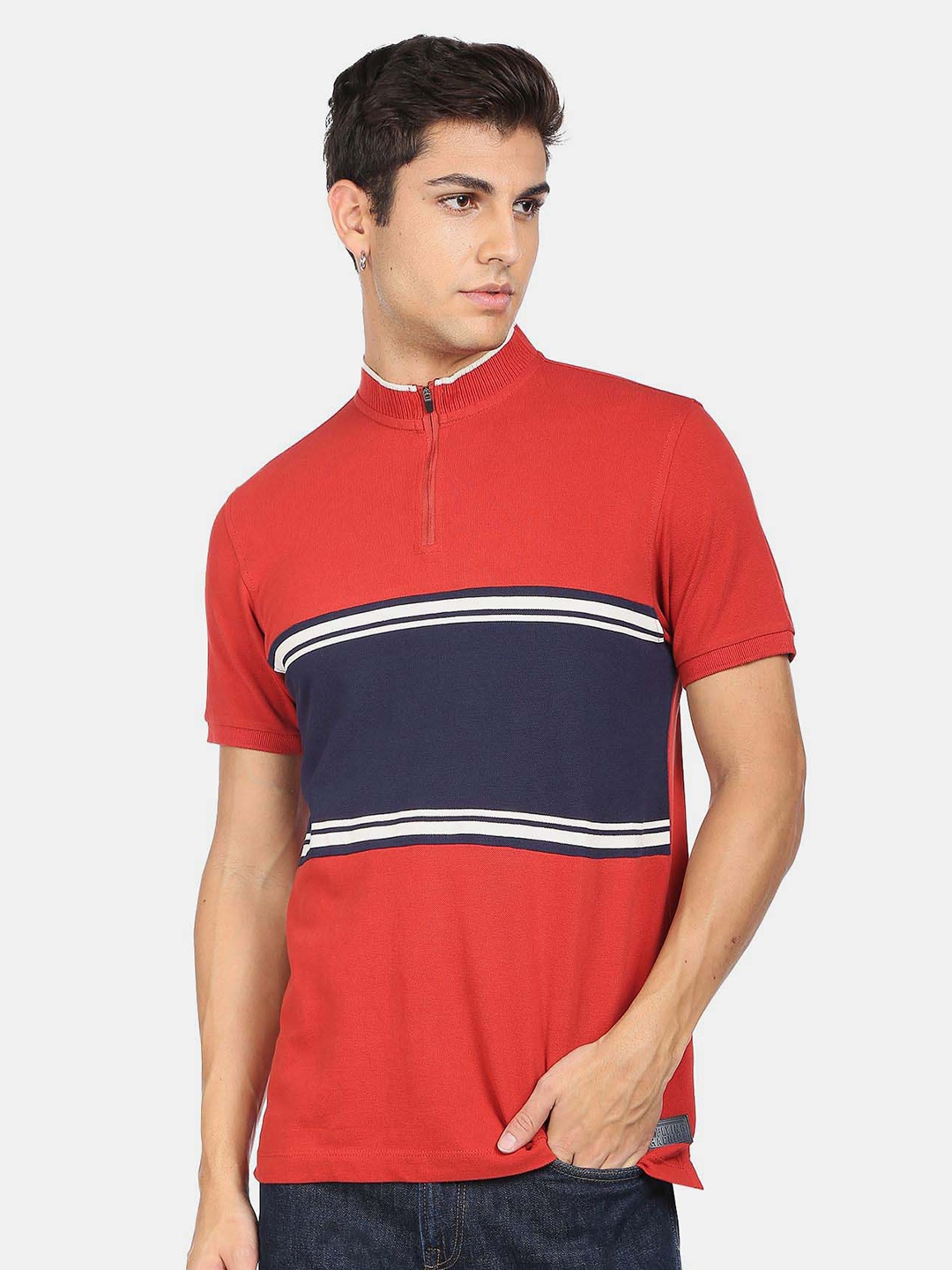 

Flying Machine Colourblocked Mock Collar Pure Cotton T-shirt, Red