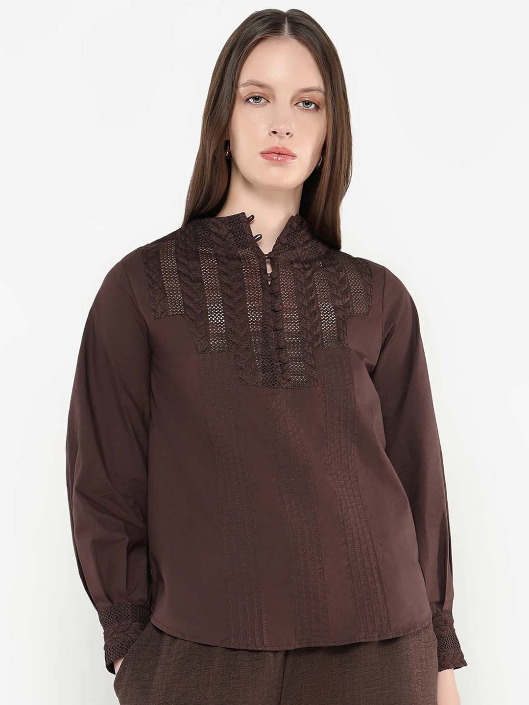 

RAREISM Women Self Design High Neck Cotton Top, Brown