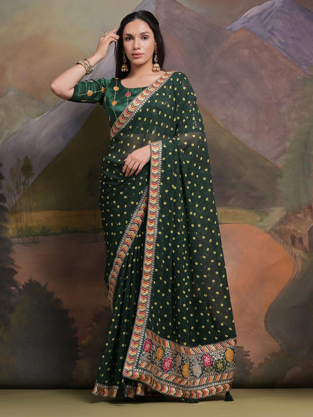 

Mitera Bandhani Sequinned Poly Georgette Saree, Green