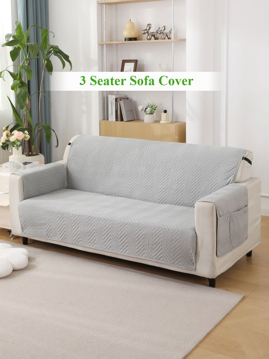 

HOKIPO Grey Solid Self Design 3-Seater Sofa Cover With Arms