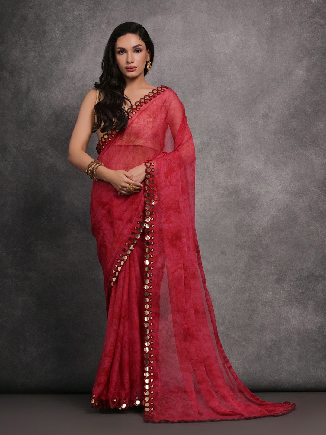 

Mitera Tie & Die Mirror Work Saree, Pink