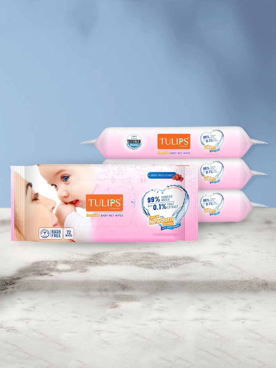 

TULIPS Set Of 4 Sensitive Baby Wet Wipes With Grape Fruit Extracts- 72 Pc Each, Pink