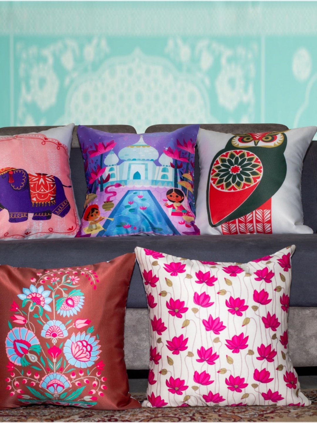 

Vendola White & Maroon 5 Pieces Floral Printed Satin Square Cushion Covers
