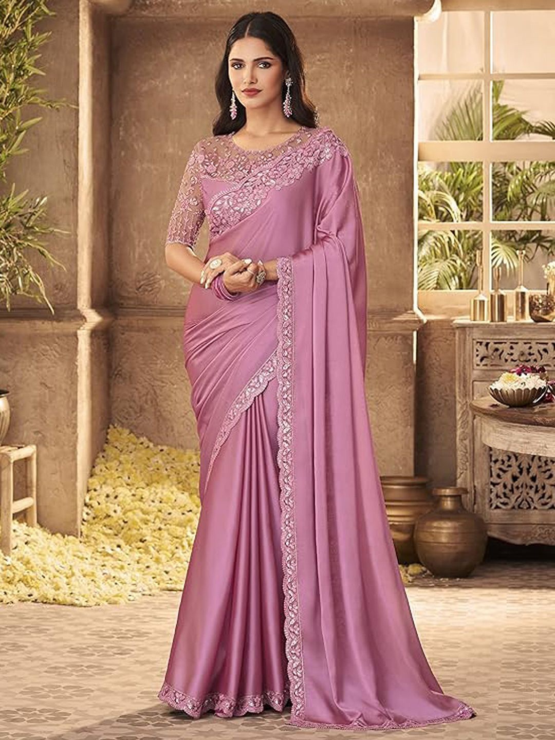 

KALINI Sequinned Poly Georgette Saree, Pink