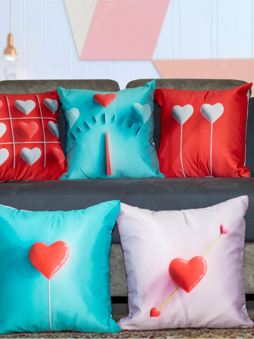 

Vendola Blue & Red 5 Pieces Quirky Printed Satin Square Cushion Covers