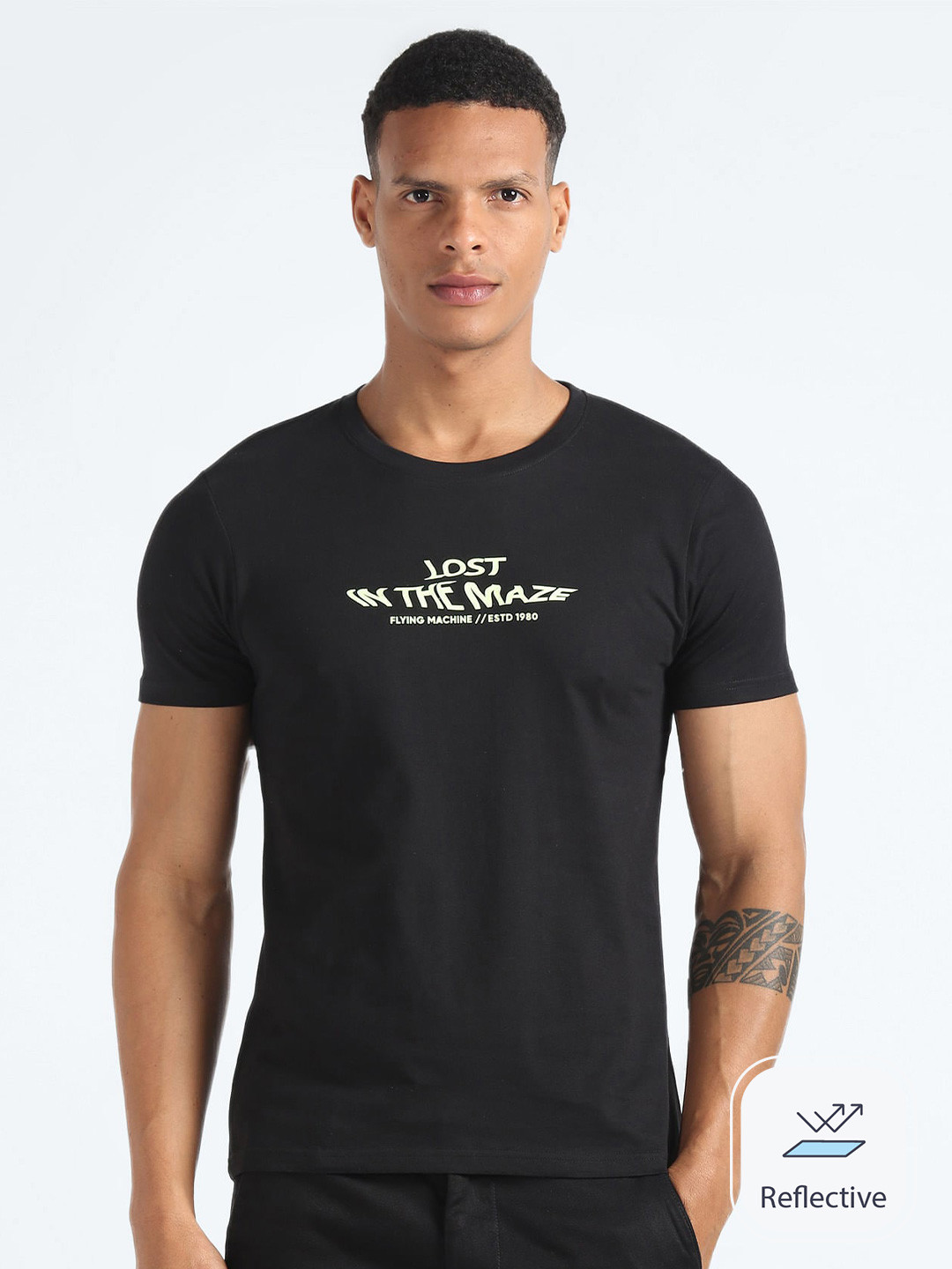 

Flying Machine Typography Printed Round Neck Cotton Slim Fit T-shirt, Black