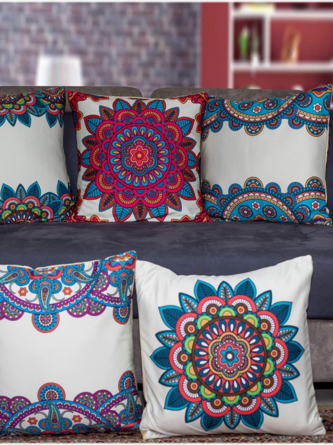 

Vendola White & Red 5 Pieces Ethnic Motifs Printed Satin Square Cushion Covers