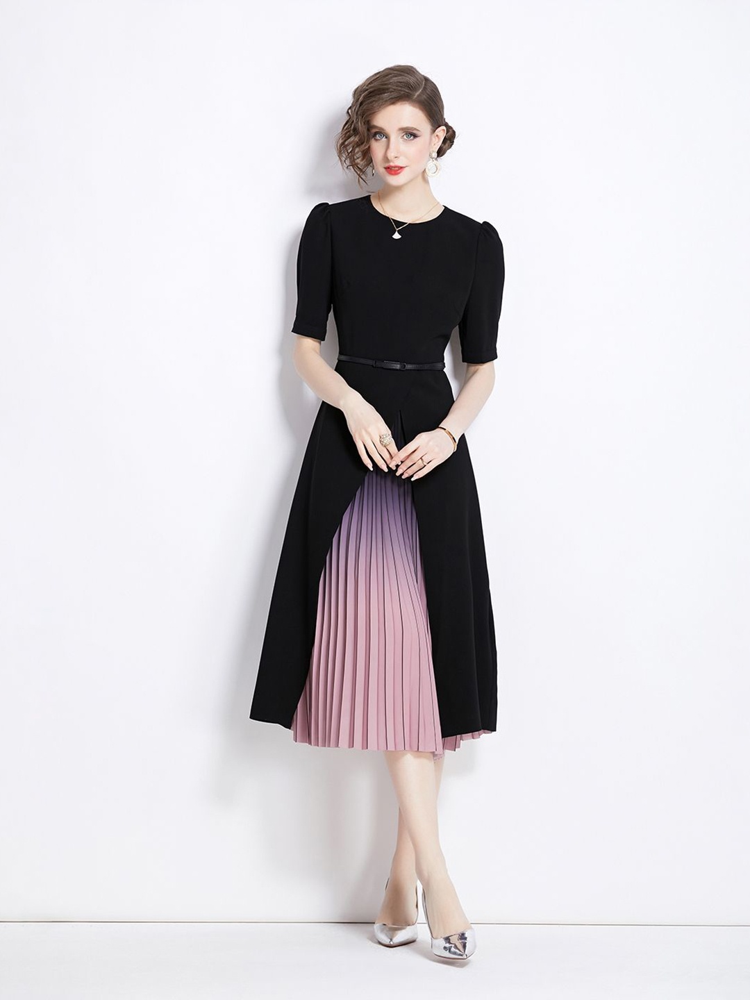 

JC Collection Women Solid Round Neck Fit & Flare Midi Dress, Black