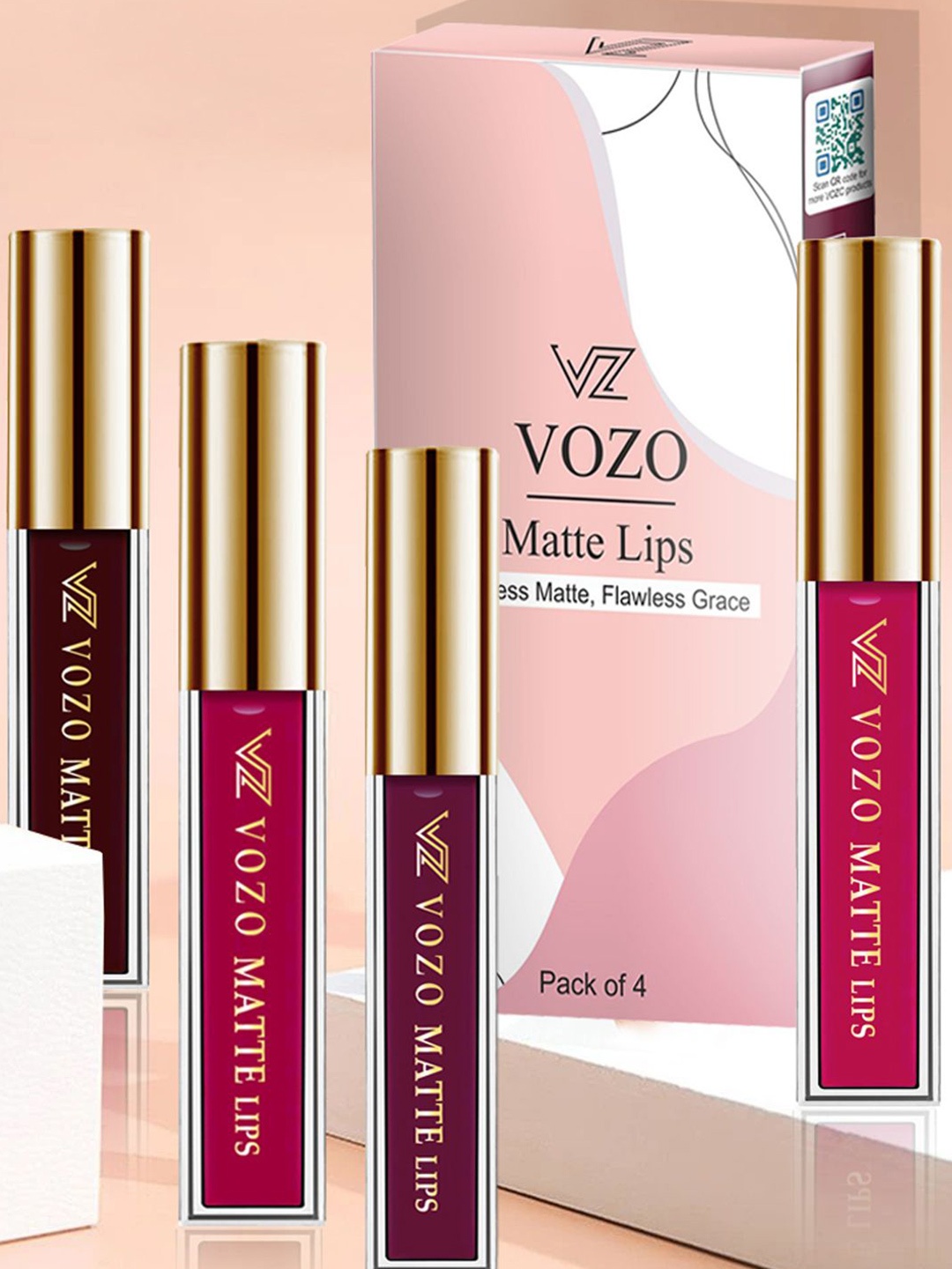 

VOZO Set Of 4 Stay-All-Day Matte Liquid Lipstick - 4 ml Each -102-105-201-204, Burgundy