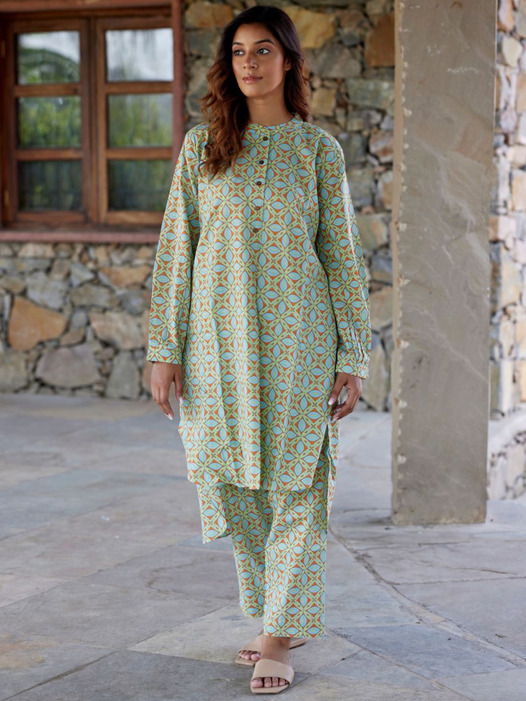 

JAIPURRANG Geometric Printed Mandarin Collar Pure Cotton Tunic & Trouser, Green