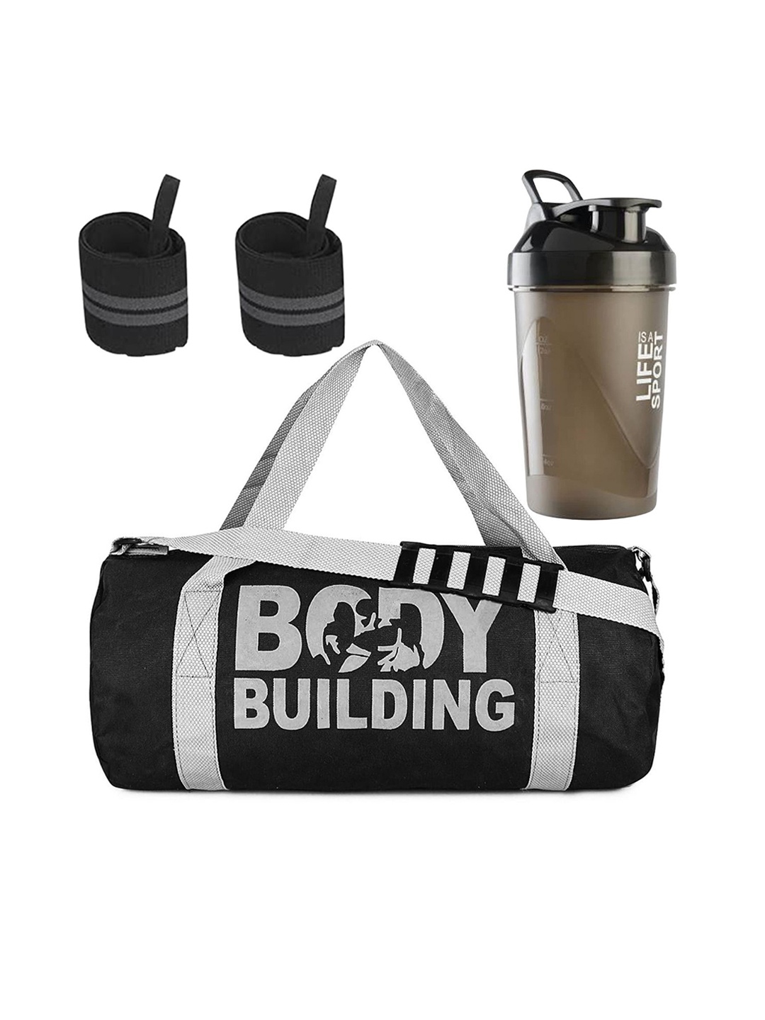 

GROUPERS Printed Foldable Sports or Gym Duffel Bag with Shaker Bottle-400ml & Wrist Band, Black