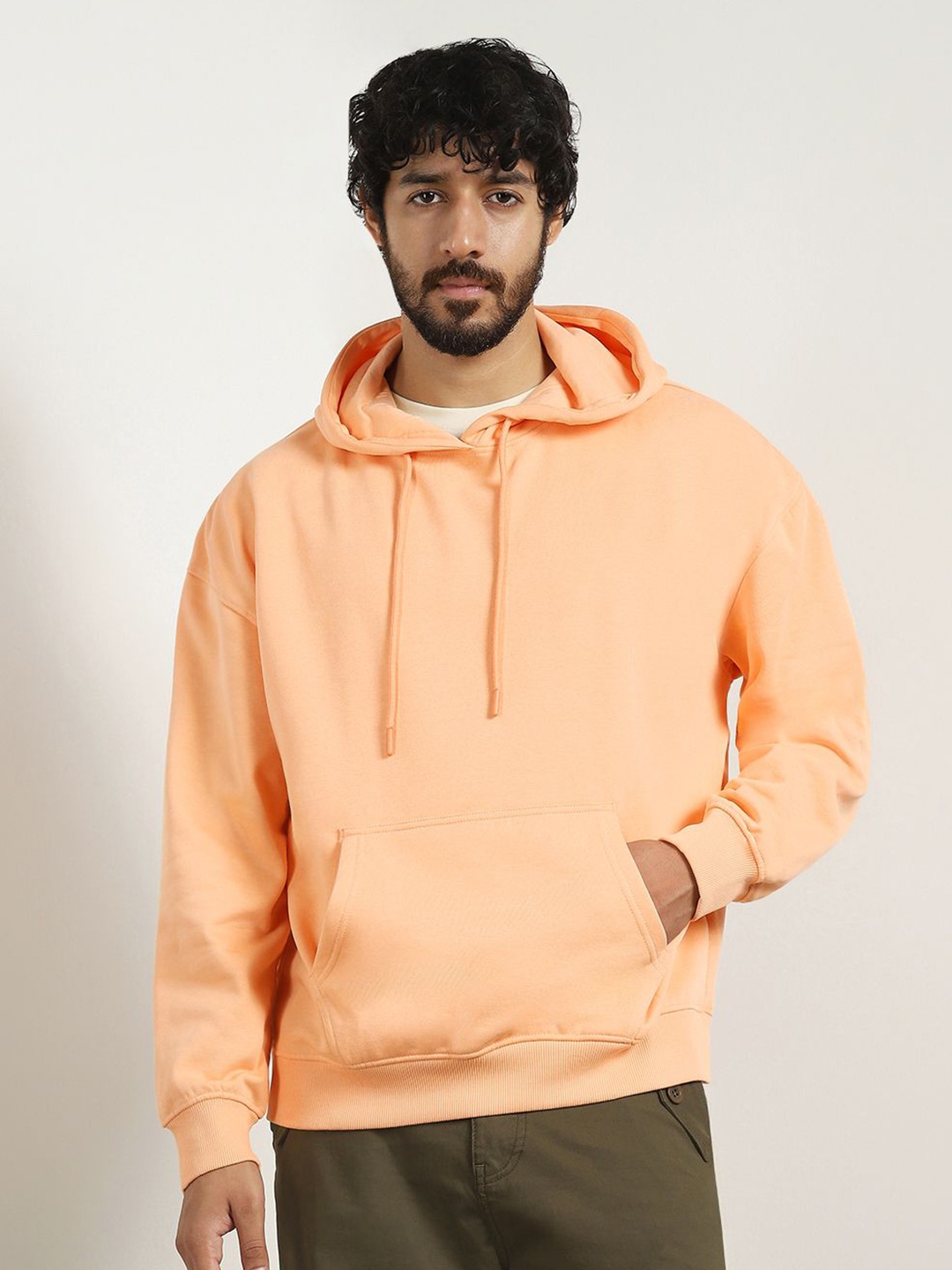 

NOBERO Men Oversized Solid Hooded Sweatshirt, Peach