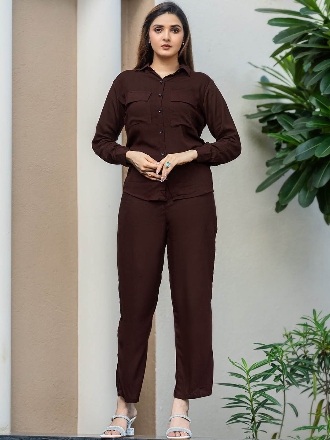 

Ekta Textiles Shirt Collar Shirt & Trouser, Coffee brown