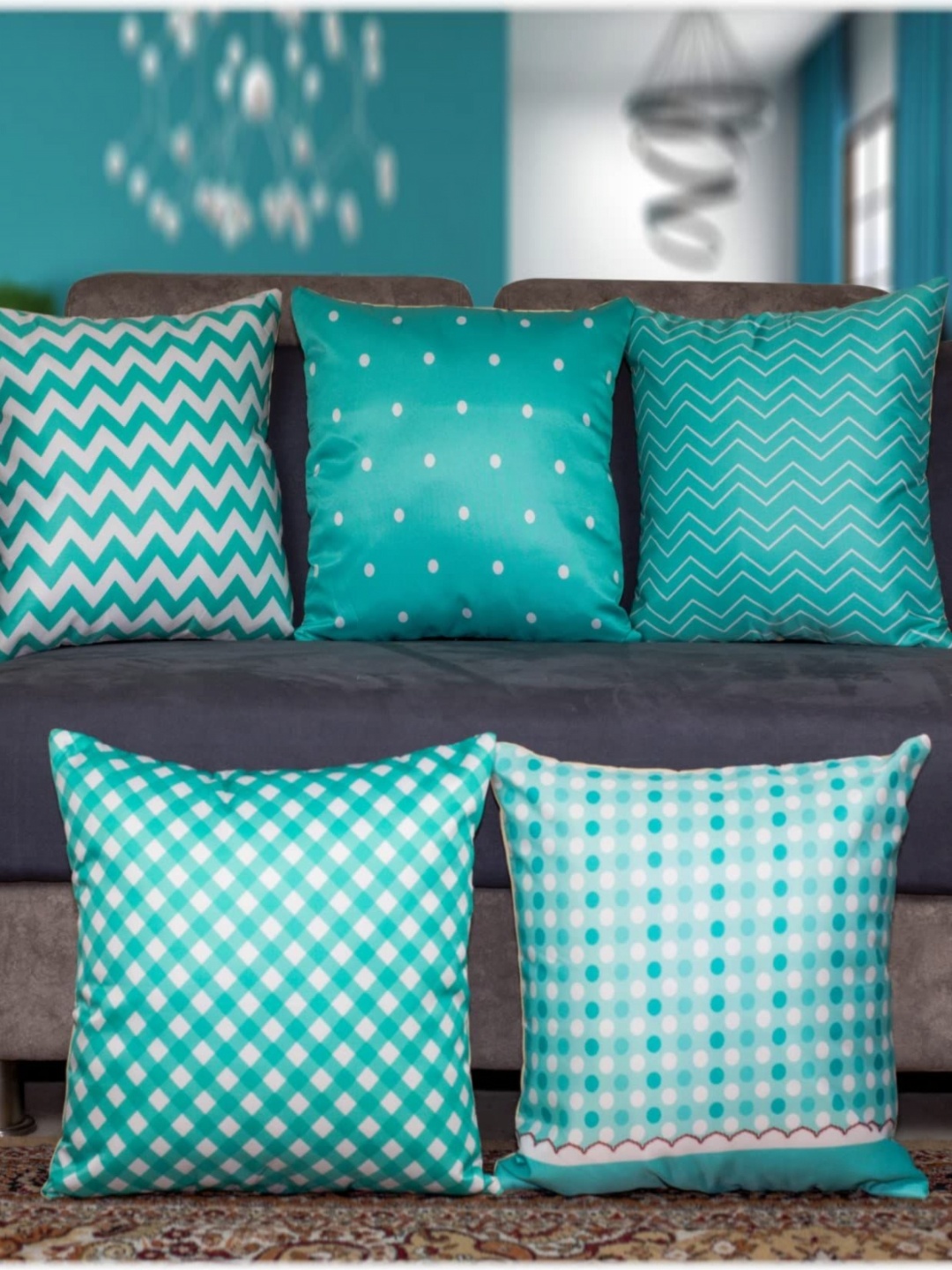 

Vendola Teal & White 5 Pieces Geometric Printed Satin Square Cushion Covers