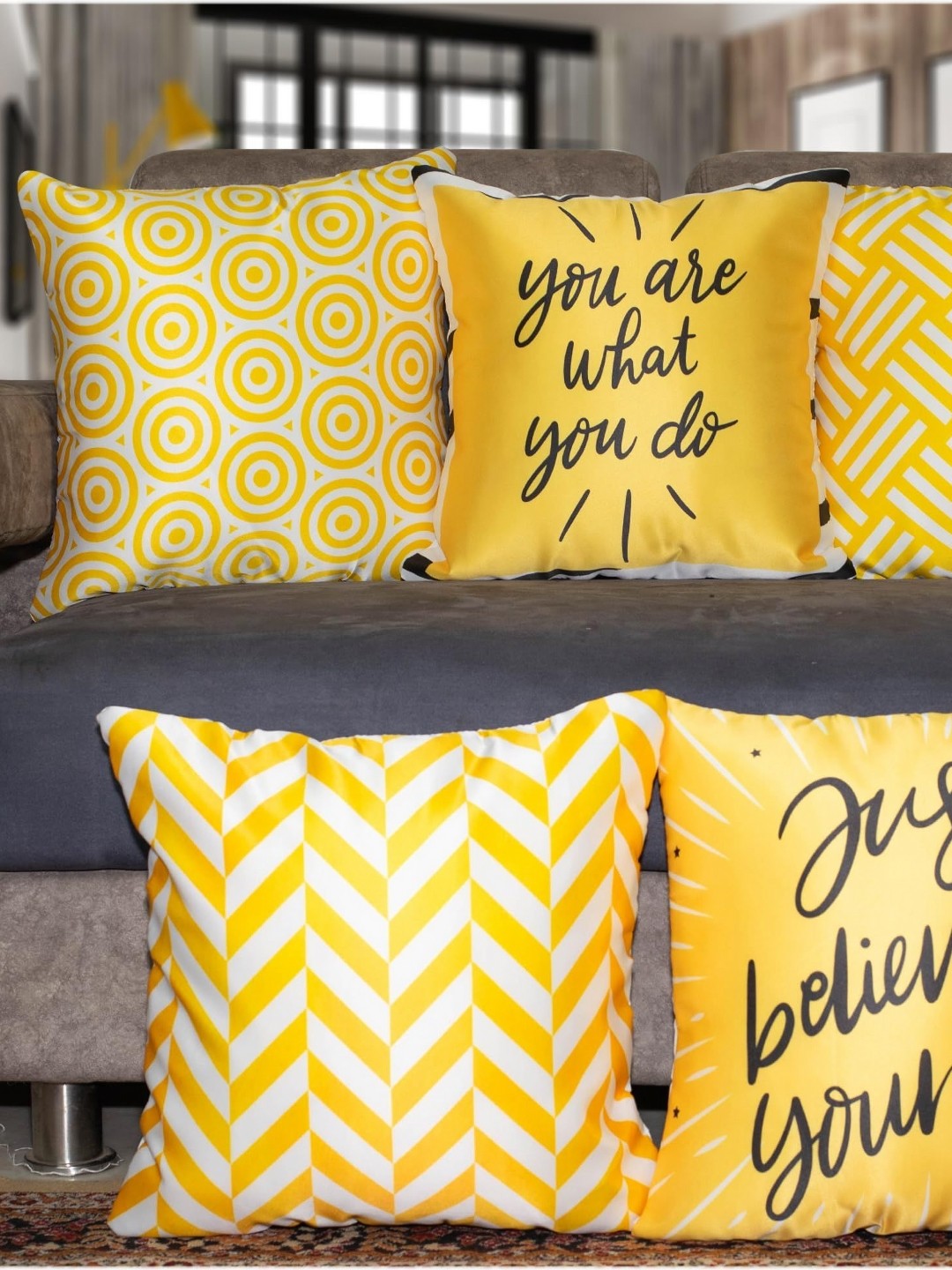 

Vendola Yellow & White 5 Pieces Geometric Square Cushion Covers