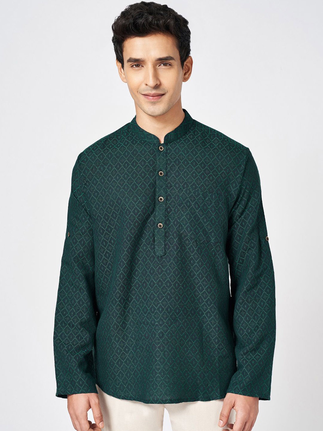 

indus route by Pantaloons Geometric Woven Design Thread Work Cotton Straight Kurta, Teal