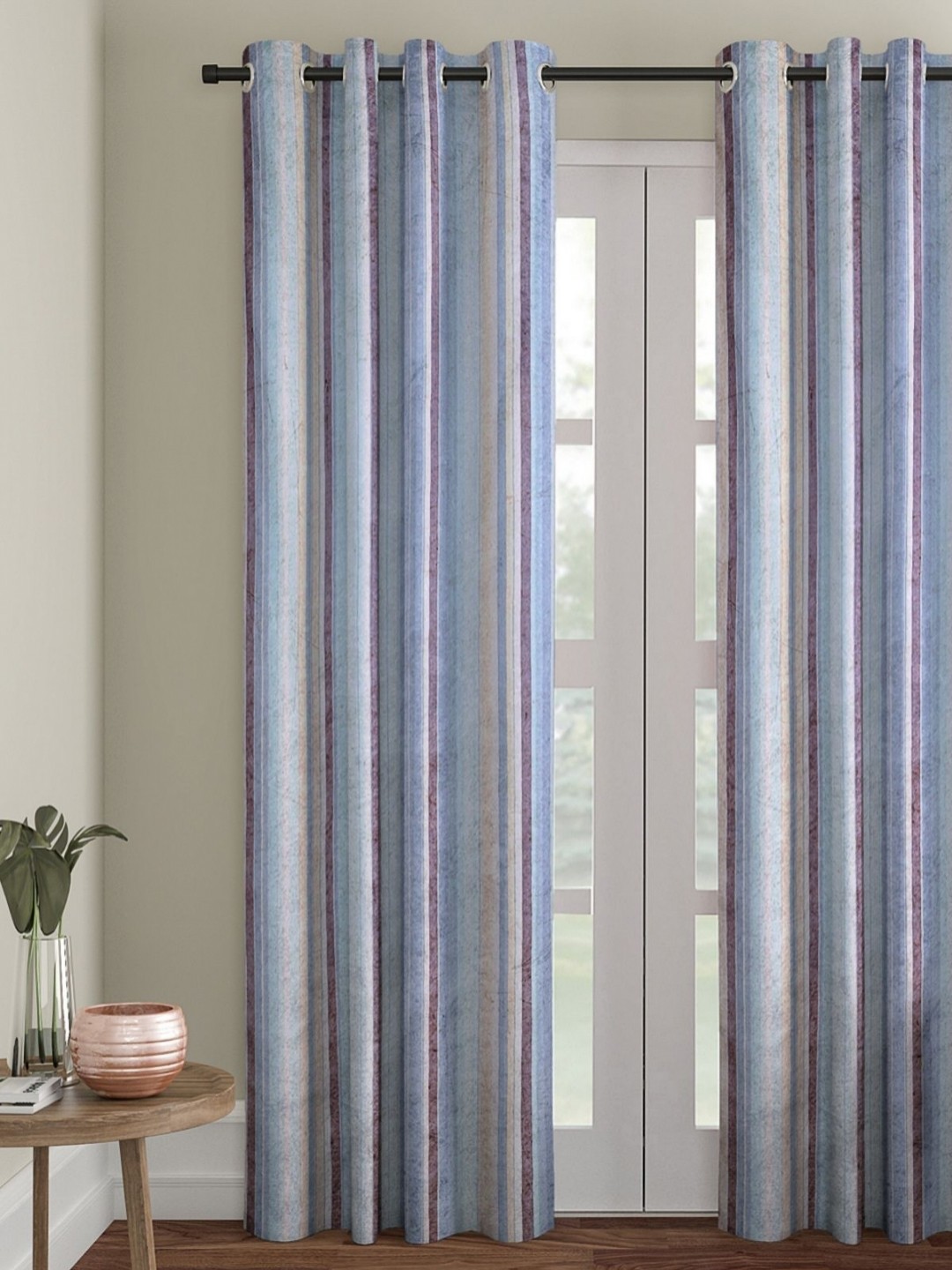

Myntra Elegant Homes Blue & White Striped Room Darkening Door Curtain