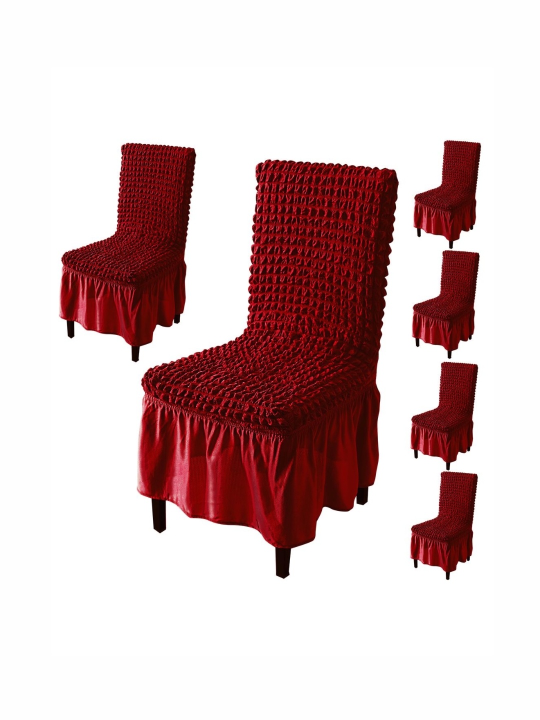 

HOKIPO Red 6 Pieces Bubble Textured Stretchable Chair Cover With Frill