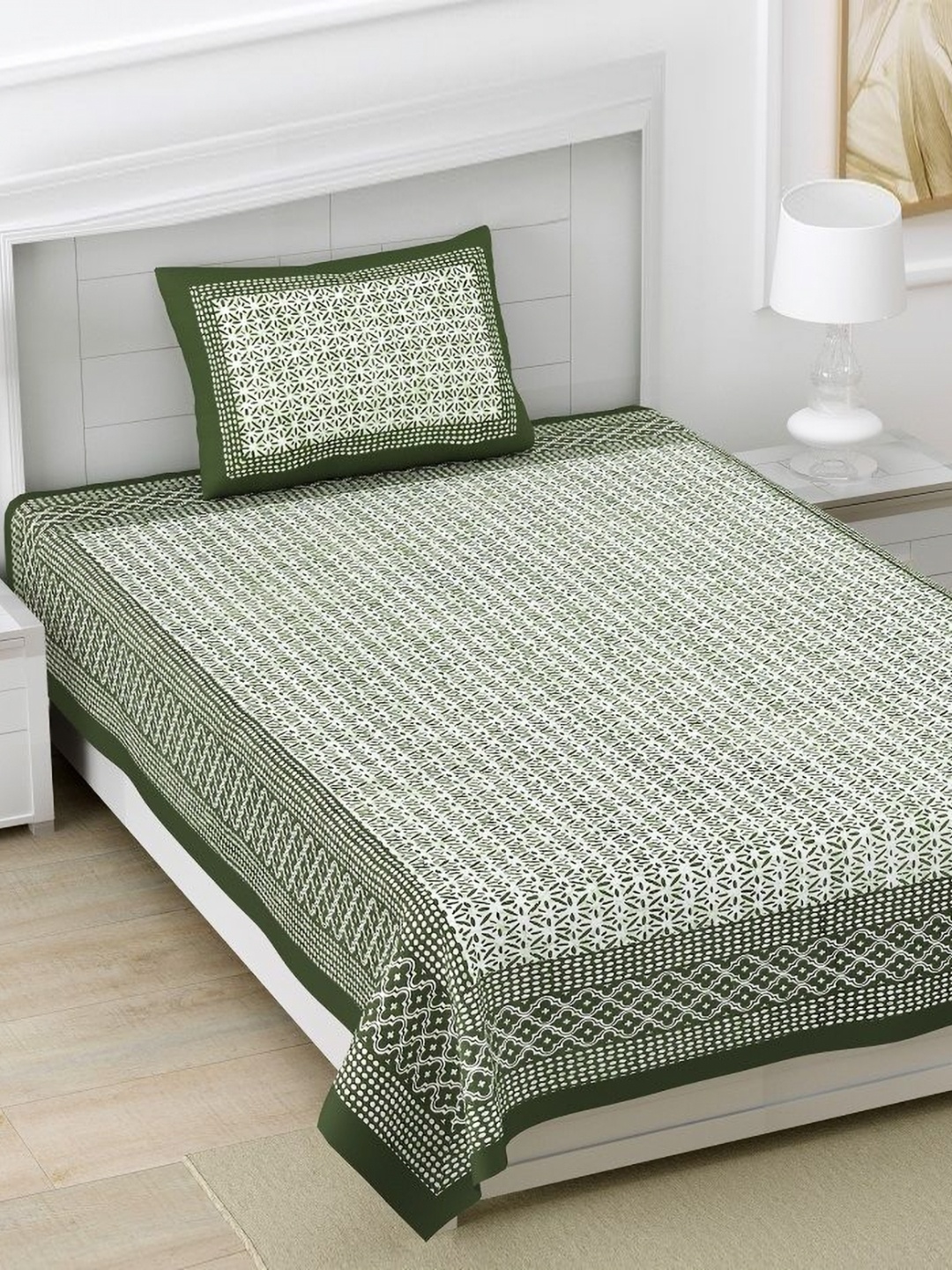 

HOMELINE Green & White Geometric 160 TC Cotton Single Bedsheet With 1 Pillow Cover