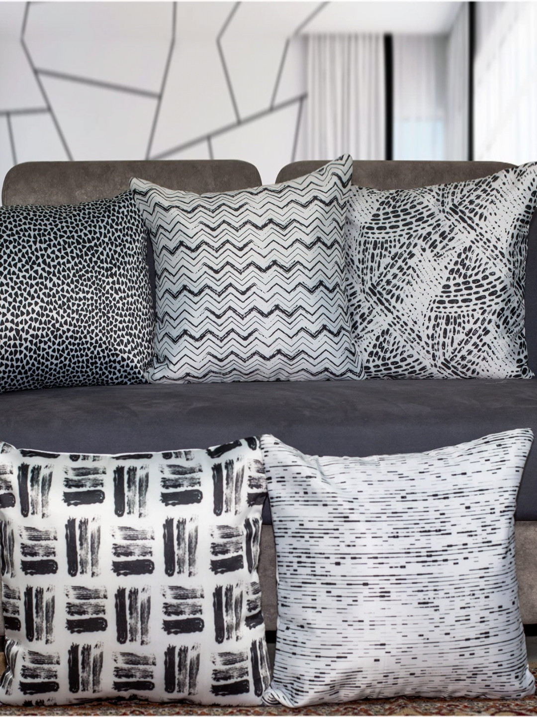 

Vendola White & Grey 5 Pieces Geometric Printed Satin Square Cushion Covers