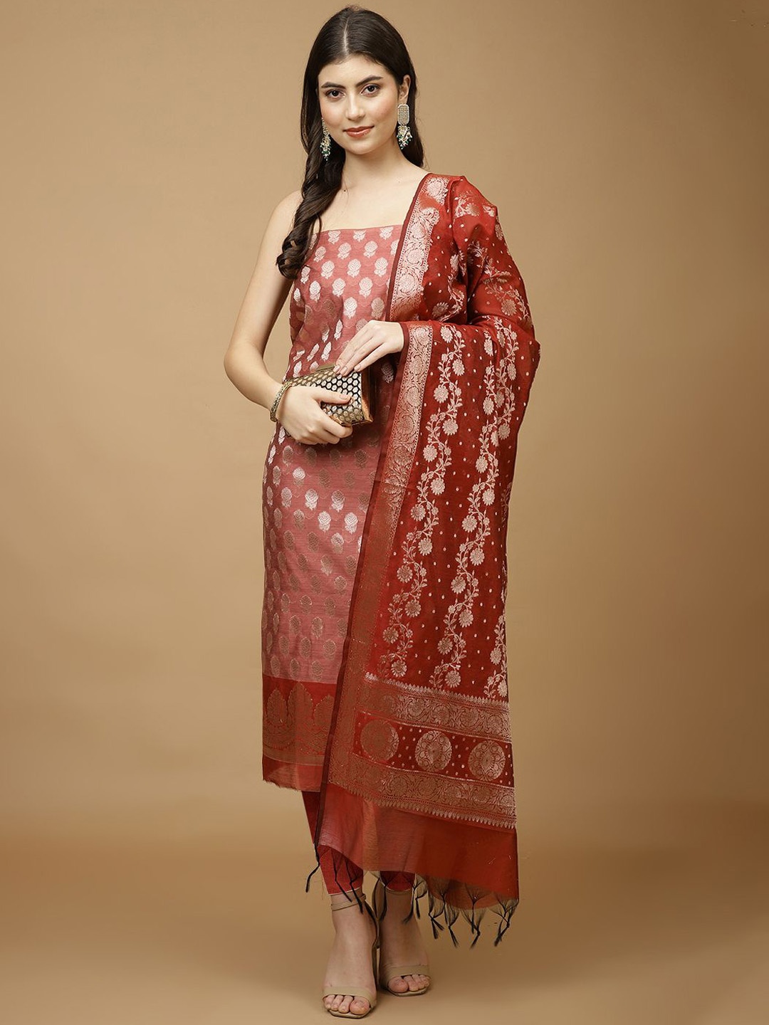 

Meena Bazaar Woven Design Unstitched Dress Material, Pink