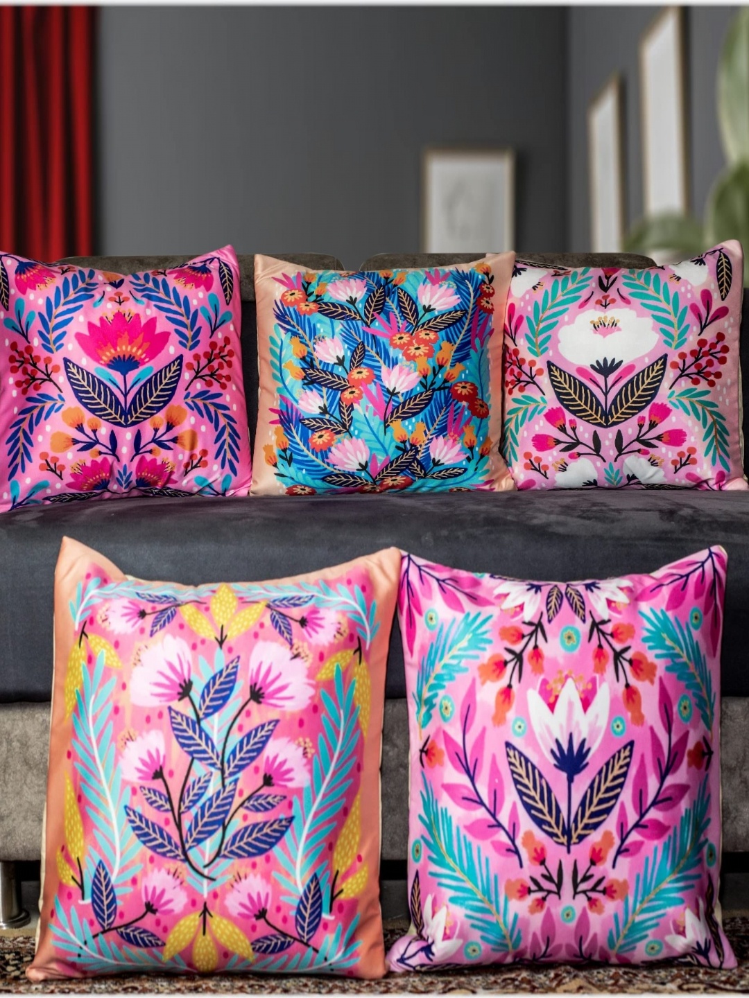 

Vendola Pink & Blue 5 Pieces Floral Square Cushion Covers