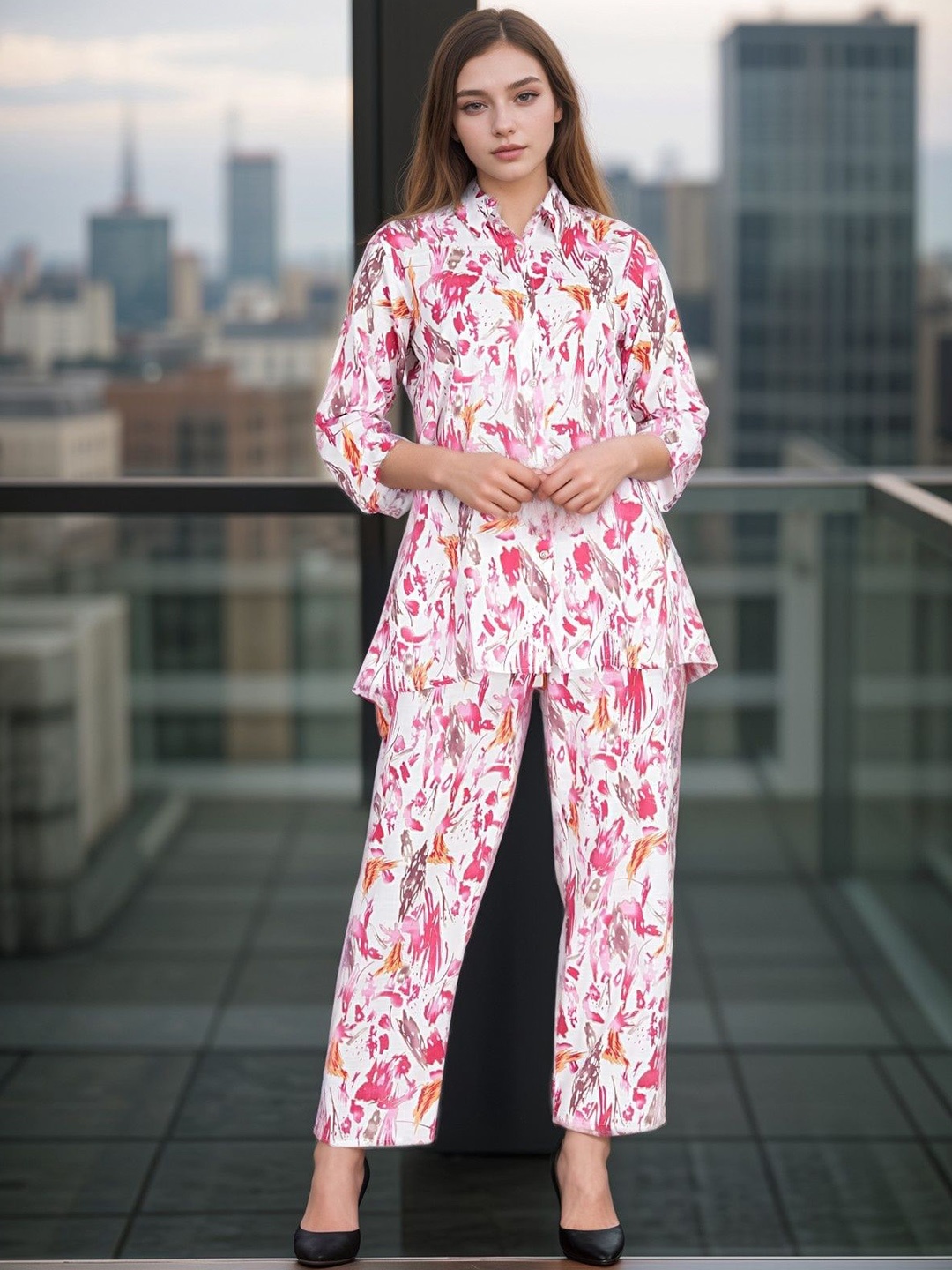 

BAESD Printed Shirt With Trouser Co -Ords, Pink