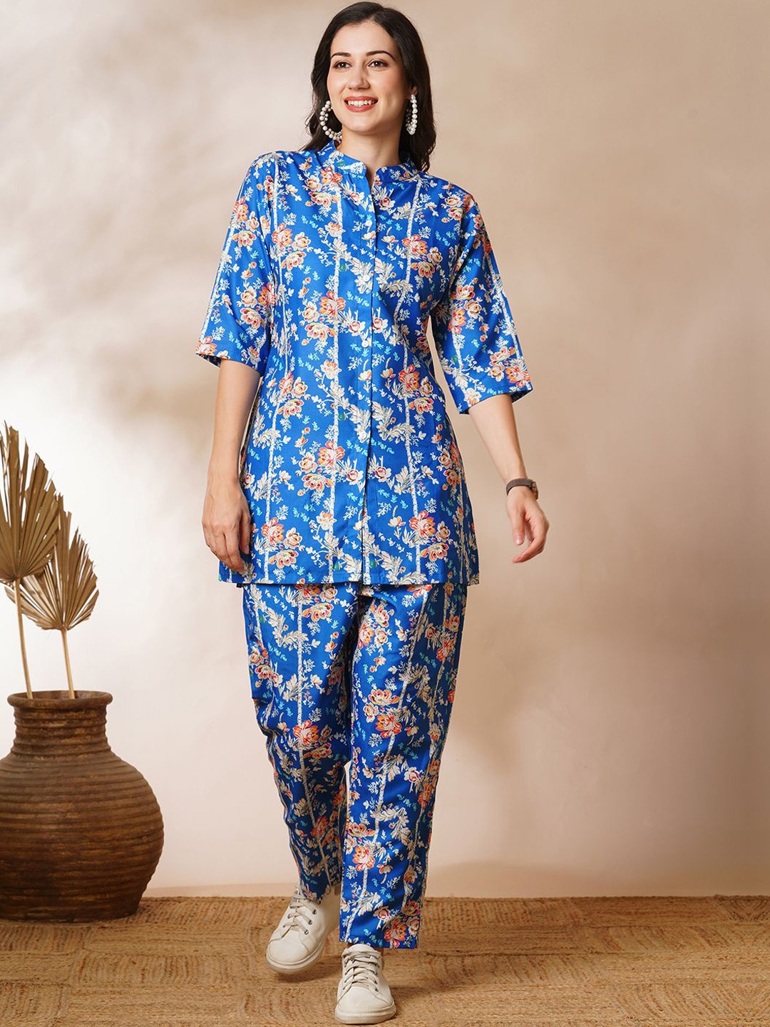 

KALINI Printed Pure Cotton Tunic With Trouser Co-Ords, Blue