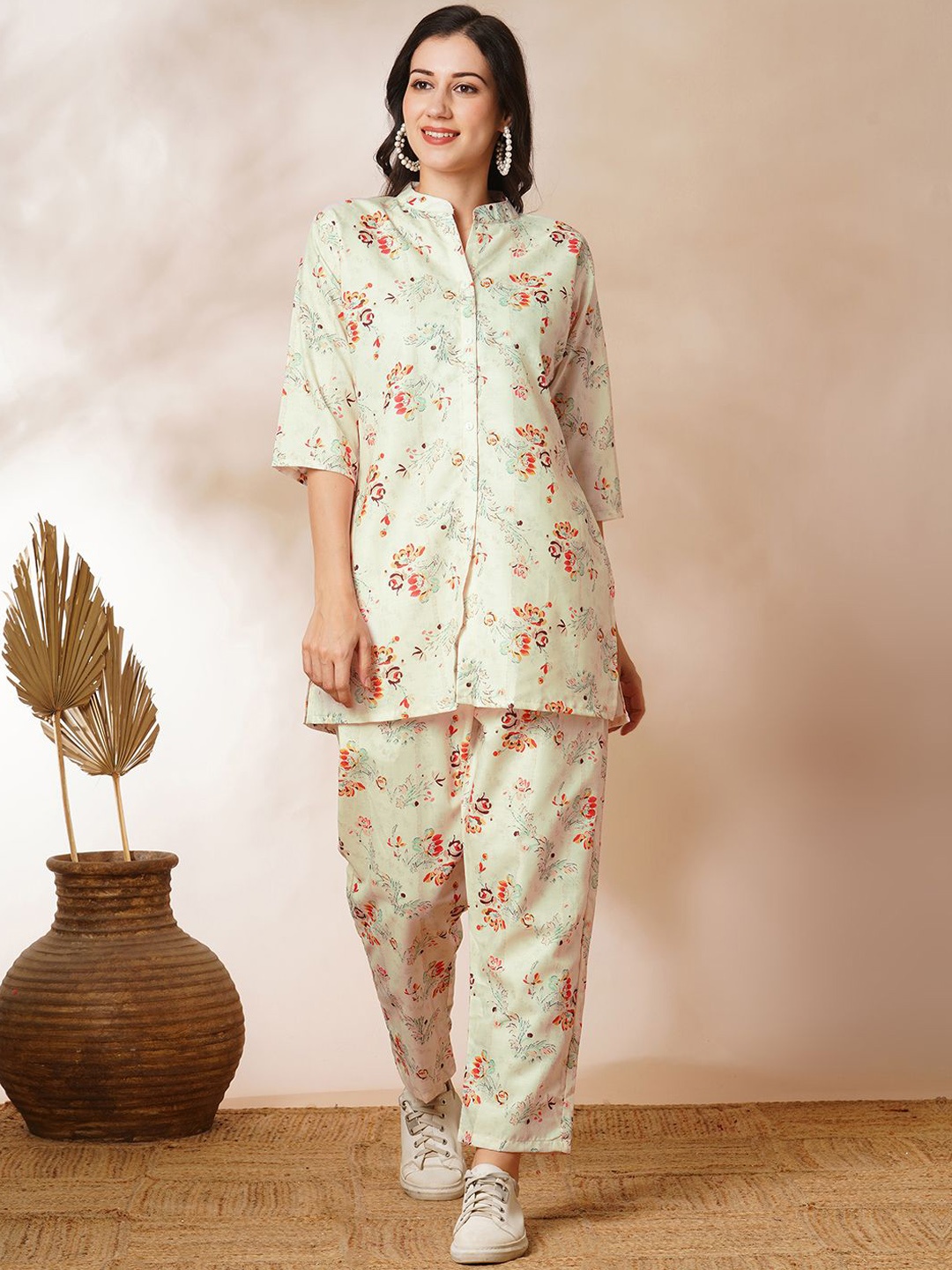 

KALINI Printed Pure Cotton Tunic With Trouser Co-Ords, Off white