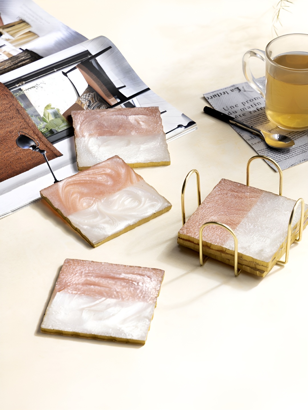 

DULI Pink & White 6 Pieces Printed Square Coasters With Stand