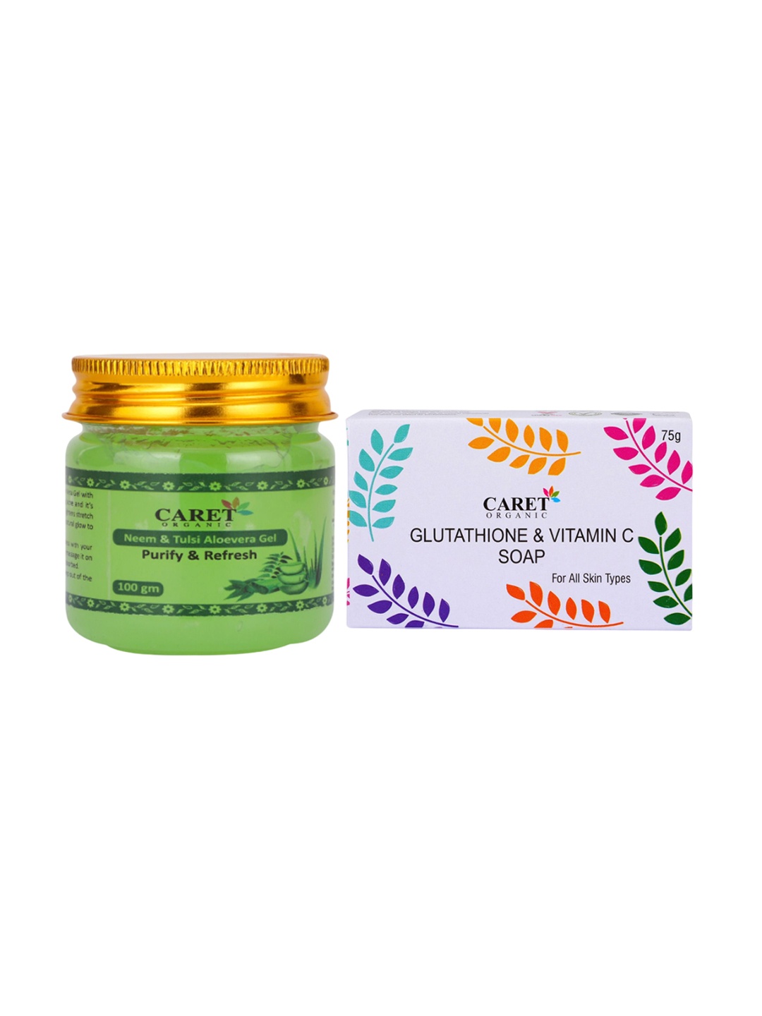 

CARET ORGANIC Set Of 2 Glutathione & Vitamin C Soap & Neem & Tulasi Aloevera Gel, White