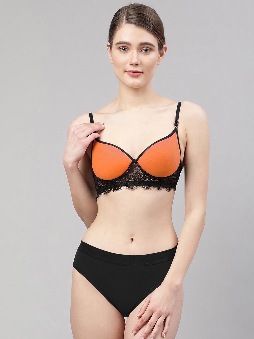 

AROUSY Women Lace Lightly Padded Lingerie Set, Orange