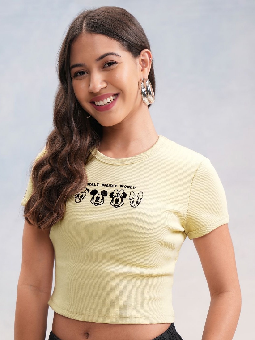 

Street By Tokyo Talkies Women Mickey & Friends Embroidered Ribbed Tshirt, Yellow
