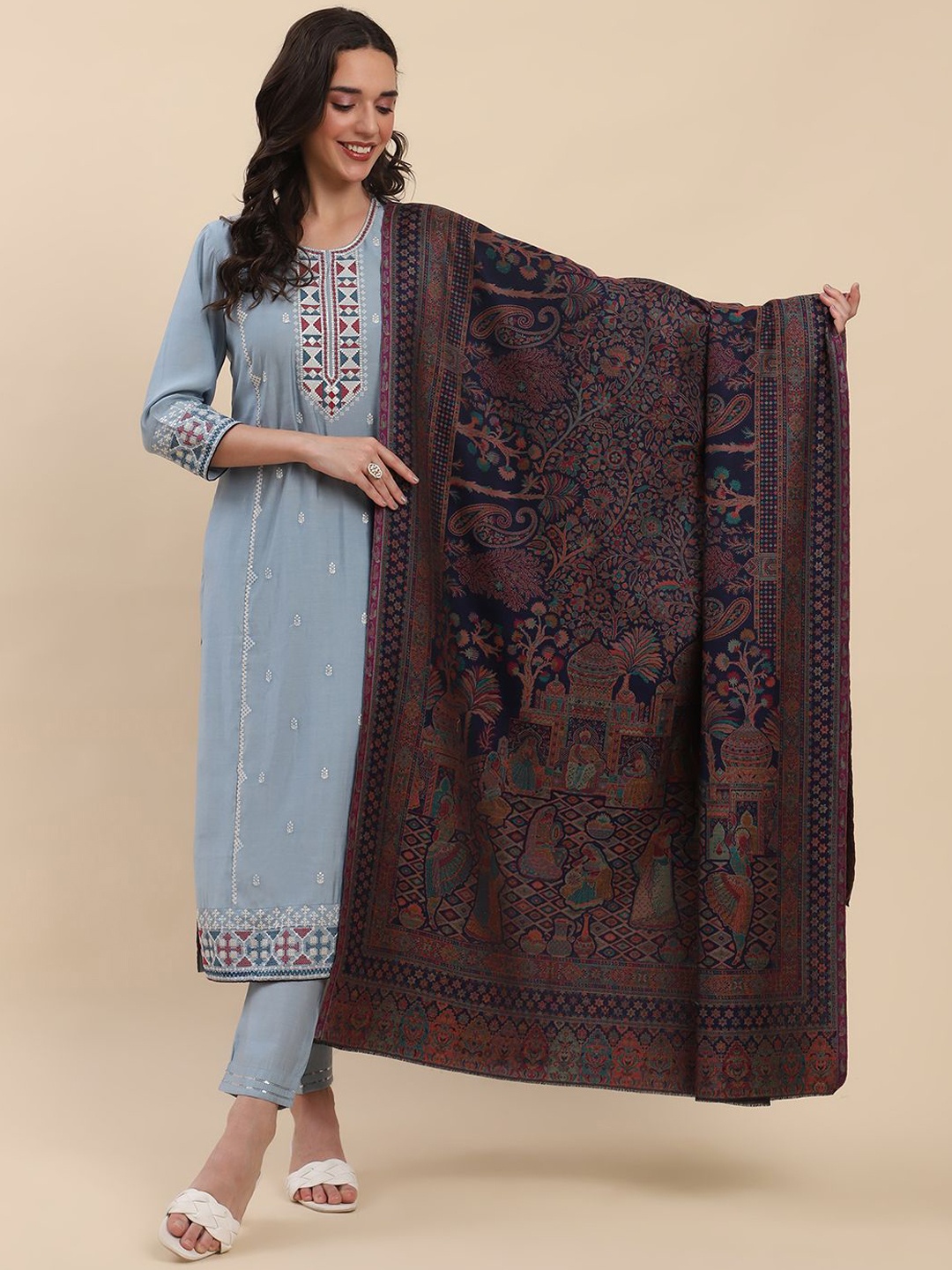 

La Vastraa Women Woven Design Shawl, Navy blue