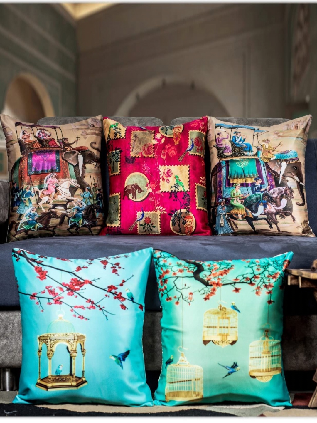 

Vendola Blue & Pink 5 Pieces Floral Square Cushion Covers