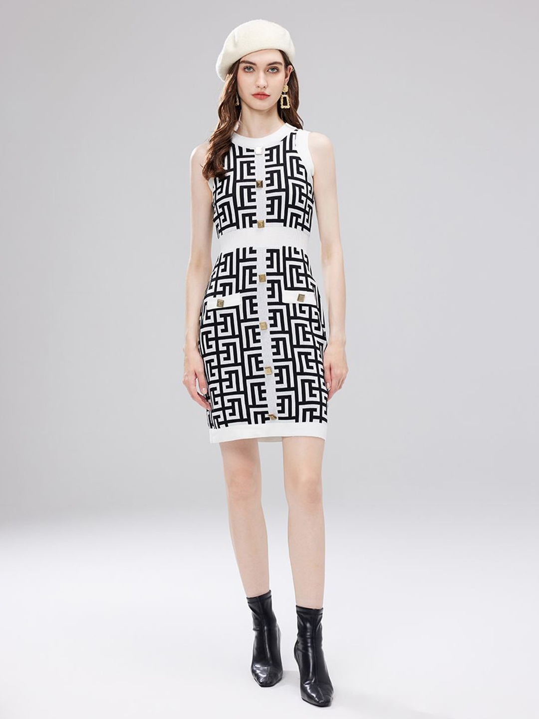 

JC Collection Women Abstract Printed Round Neck Sheath Dress, White