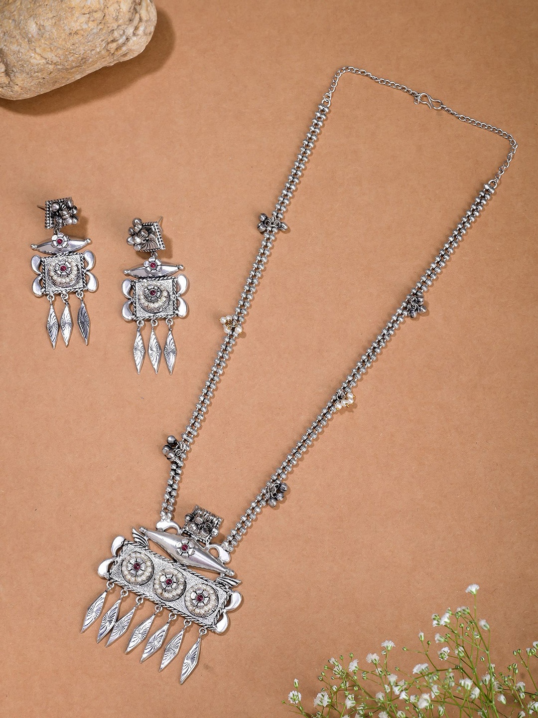 

Designbox Stones Studded & Beaded Tribal Long Jewellery Set, Silver