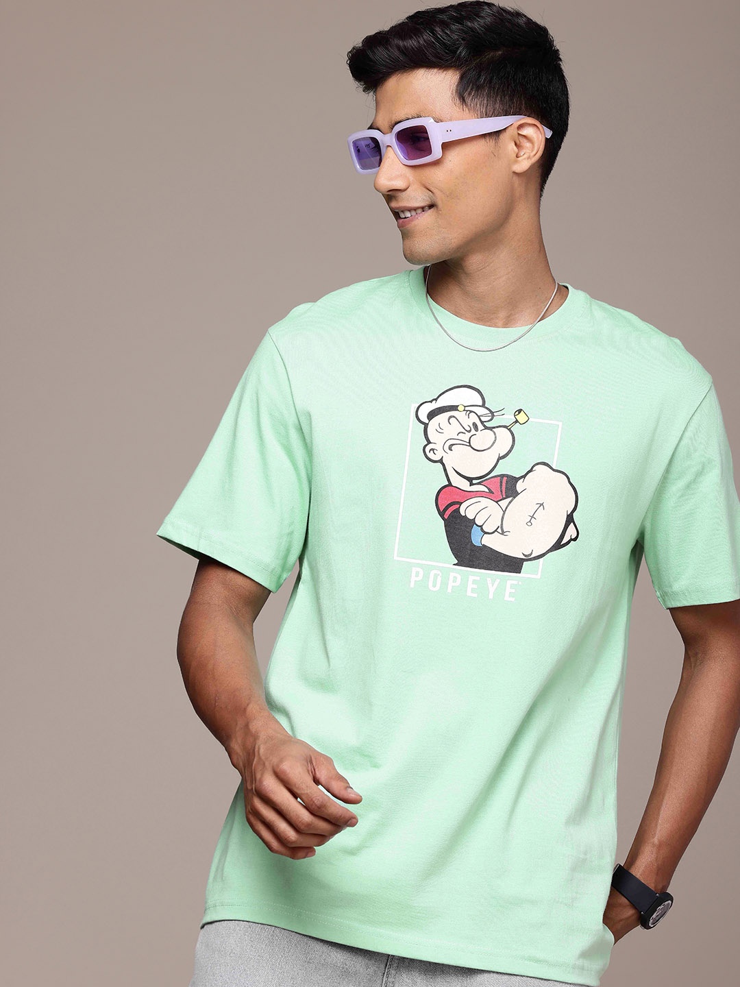 

WROGN X POPEYE Printed Comfort Fit Drop-Shoulder Sleeves Pure Cotton T-shirt, Green