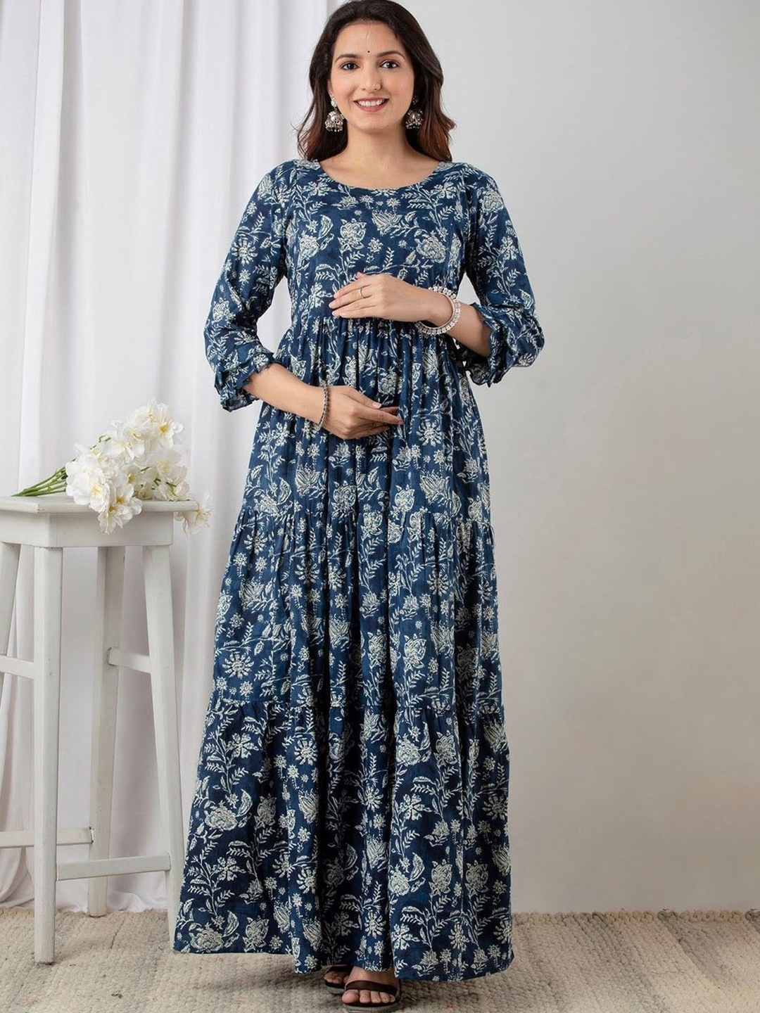 

Parth Fab Floral Print Maternity Fit & Flare Midi Dress, Blue