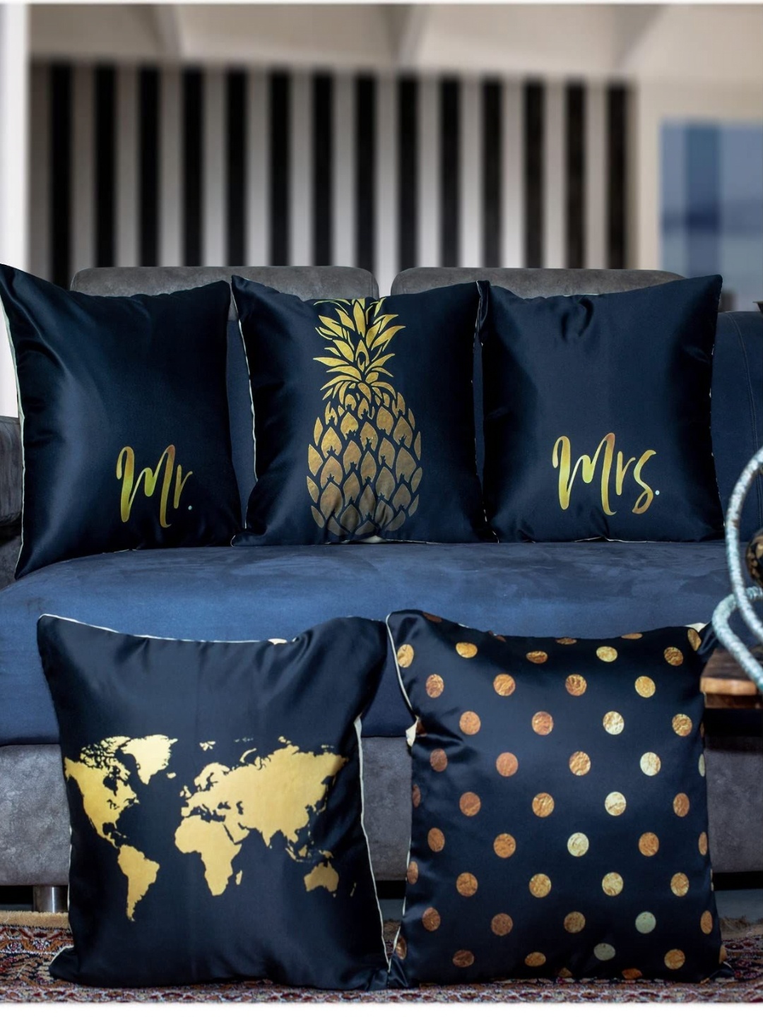 

Vendola Navy Blue & Beige 5 Pieces Geometric Printed Satin Square Cushion Covers
